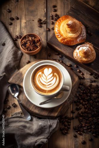 Cup of cappuccino coffee on a wood table and pastries, top view. Generated AI tools