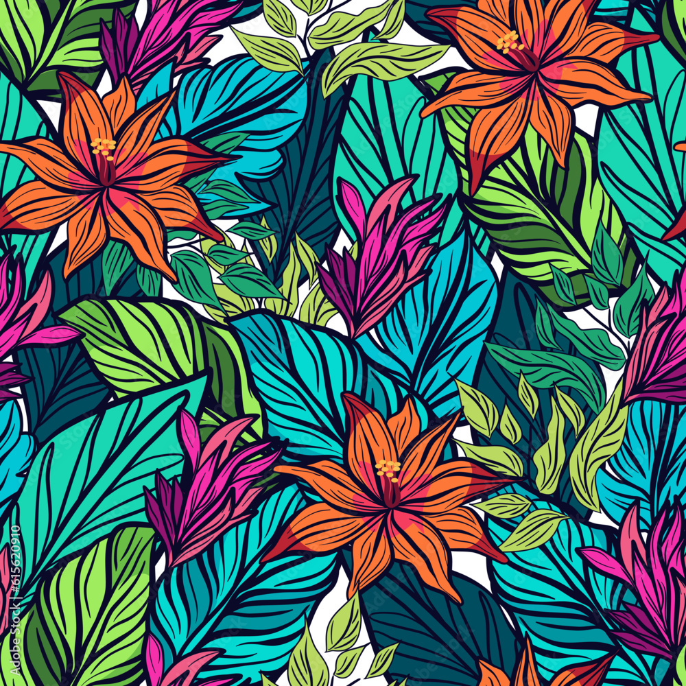 Seamless botanical pattern with tropical leaves and flowers vector illustration 