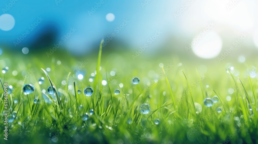 Beautiful fresh wet green grass against blue sky background. Spring beauty and purity of environment and nature. Large rain drops of dew sparkling in the sun on lawn grass.