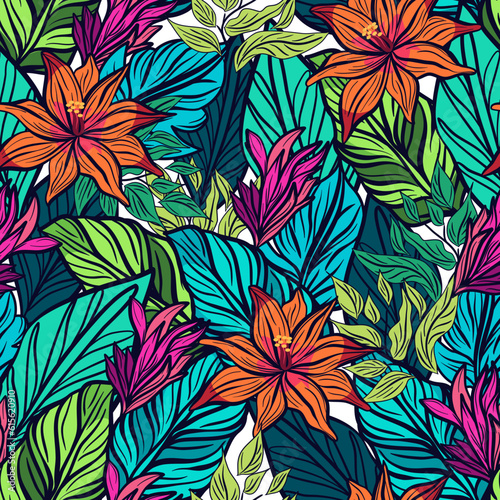 Seamless botanical pattern with tropical leaves and flowers vector illustration 