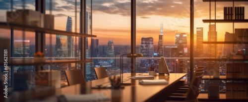 Professional Workplace  Blurred Interior of Office Workspace in the Evening with City View