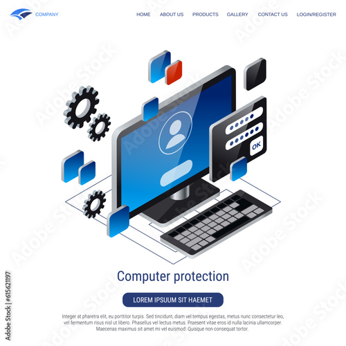 Computer protection, information security, account control 3d isometric vector concept illustration