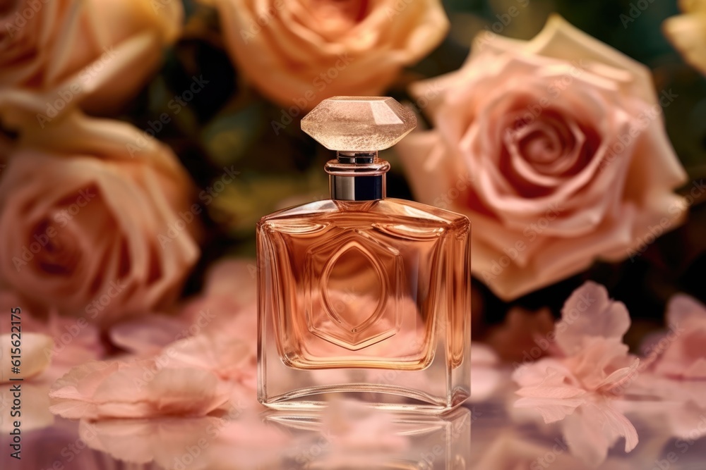 bottle of perfume on a background of pink roses. AI generated bottle of perfume on a background of pink roses. AI generated