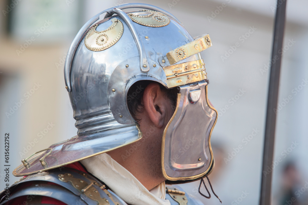 Reenactor wearing Galea, ancient roman helmet