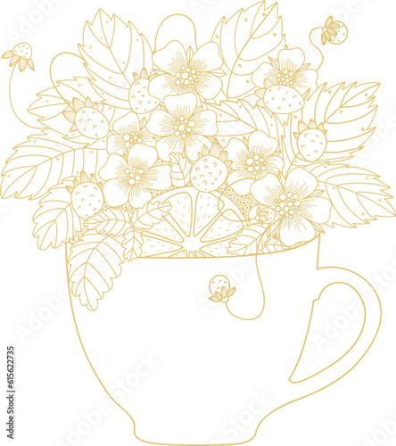 Bouquet of herbs. Herbal tea in the cup. Berries, flowers, leaves, and lemon slice.