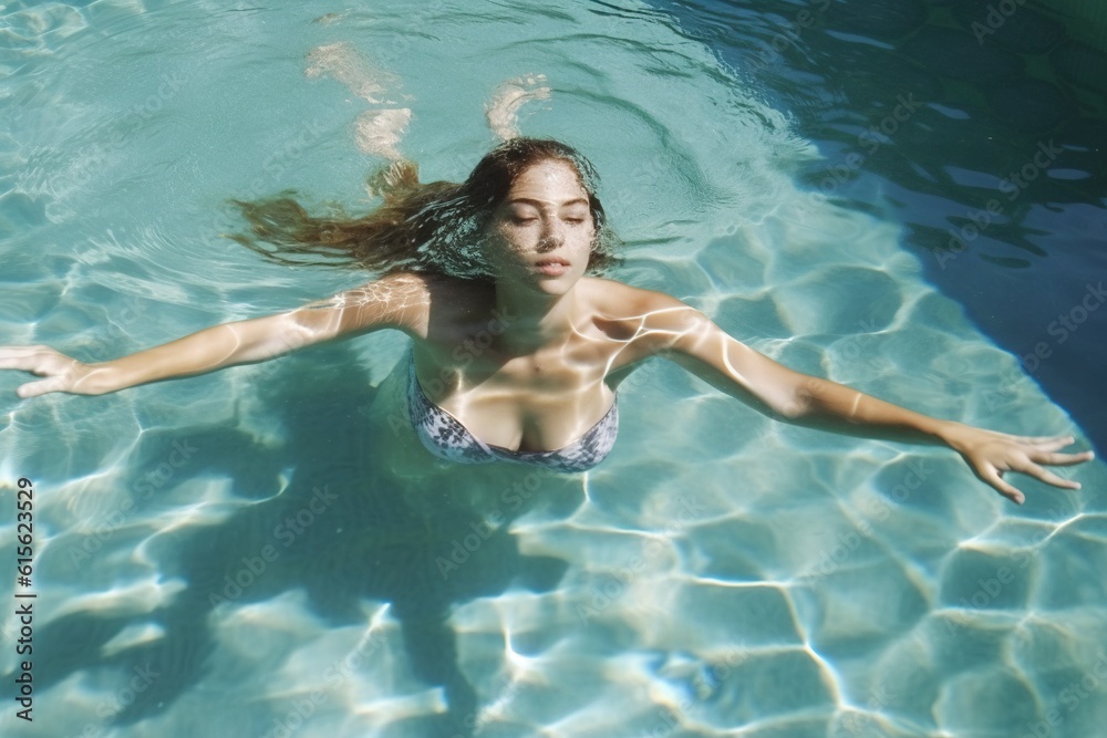 A beautiful young woman dives into the cool waters of the pool. Ai generated.