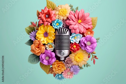 Classic microphone, adorned with spring flowers. photo