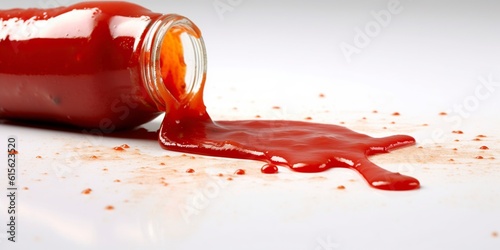 A bottle with ketchup has spilled on the white background.