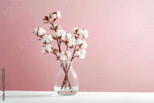 A few sprigs of the cotton flower  in a vase on a minimalist table  with plenty of space for copy.