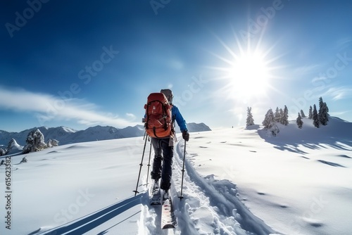 A mountaineer on a ski journey through high mountains.