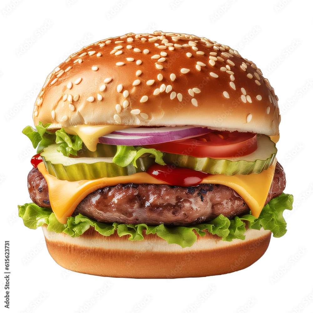A hamburger with cheese, lettuce, tomato and onion on a transparent background png isolated Generative Ai A hamburger with cheese, lettuce, tomato and onion on a transparent background png isolated Generative Ai