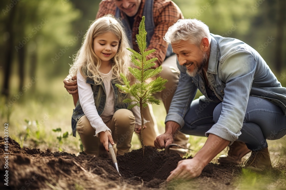 An ecologist family plants a tree in a forest. An ecologist family plants a tree in a forest.
