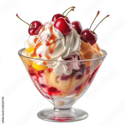 Fotobehang An ice cream sundae with cherries and whipped cream  on a transparent background