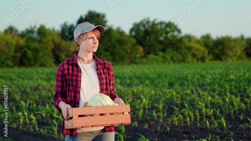 Agricultural industry. Farmer woman carries box fresh vegetables on way to field. Concept of farming using natural food products. Ripe vegetables in box. Growing organic food. Field work, harvesting