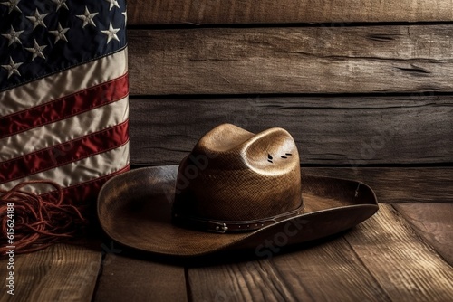 Composition of different typical cowboy items, with American flag on wooden floor and copy space.