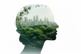 On a white background, the silhouette of a woman filled with a forest, double exposure, with the environmental concept.