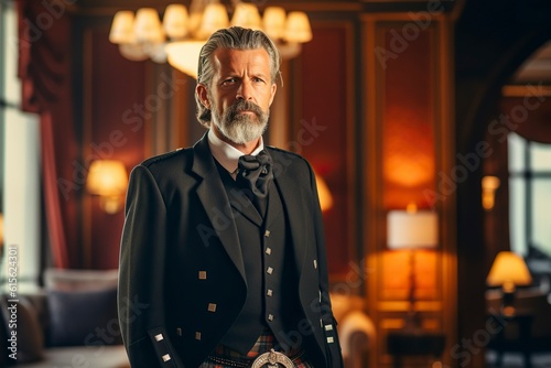 Mature Scottish man with beard and wearing traditional kilt.