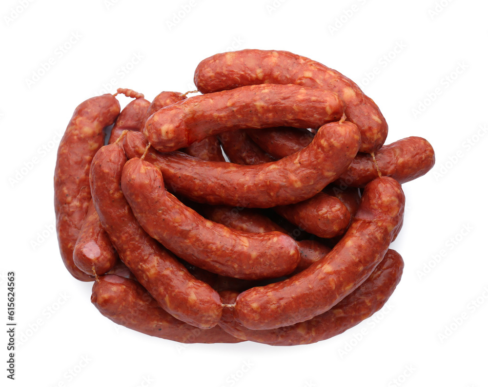 Many fresh raw sausages isolated on white, top view. Meat product Many fresh raw sausages isolated on white, top view. Meat product