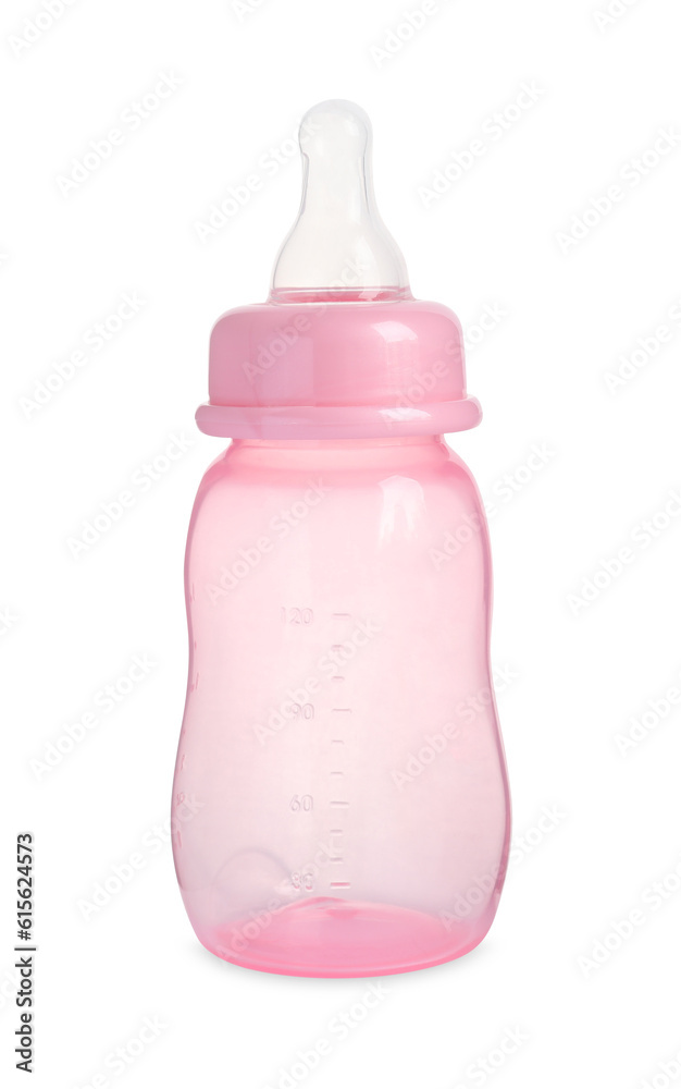 Empty pink feeding bottle for infant formula isolated on white Empty pink feeding bottle for infant formula isolated on white