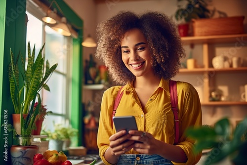 Young Afro woman smiles as she checks her mobile in the kitchen of her home.