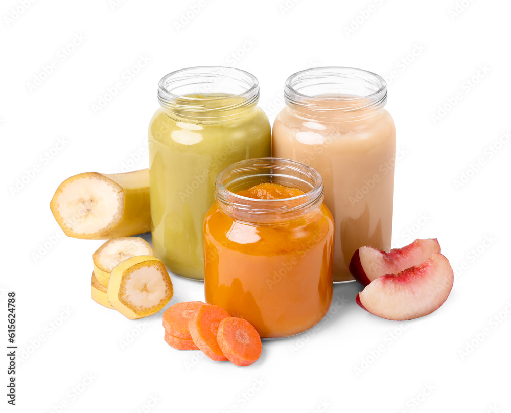 Jars of healthy baby food and ingredients isolated on white
