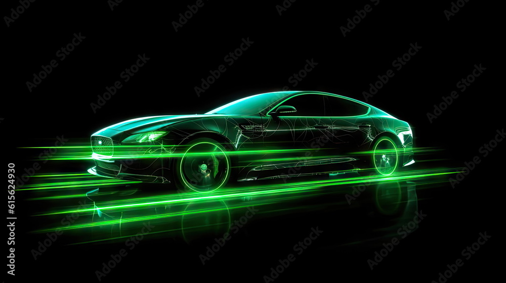 Green neon car in the dark, car on high speed , motion move