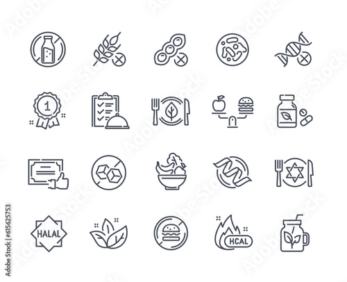 Set of Healthy Food icons in linear style. Gluten and Sugar Free, no GMO, low calorie, and no soy. Design for app and product packaging. Cartoon flat vector collection isolated on white background
