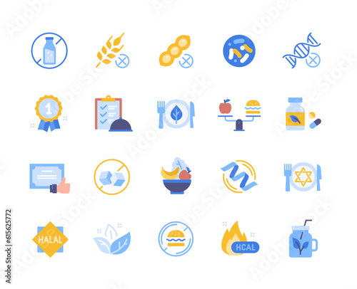 Set of Healthy Food Colorful icons. Stickers Halal, Kosher and non GMO. Gluten, lactose and sugar free. Website design and product ad. Cartoon flat vector collection isolated on white background