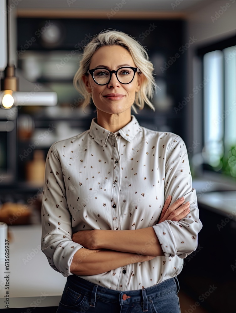 Confident stylish mature mid aged woman standing at her modern home kitchen. Mature businesswoman, blond lady executive business leader manager looking at camera arms crossed, Confident stylish mature mid aged woman standing at her modern home kitchen. Mature businesswoman, blond lady executive business leader manager looking at camera arms crossed,