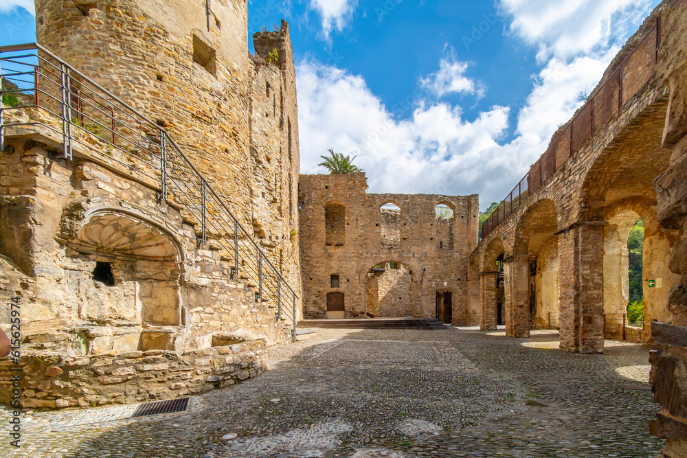 The interior of the ancient ruins of Doria castle or castrum, built in the 12th century on a mountaintop in the Ligurian village of Dolceacqua, Italy	