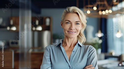 Confident stylish mature mid aged woman standing at her modern home kitchen. Mature businesswoman, blond lady executive business leader manager looking at camera arms crossed,