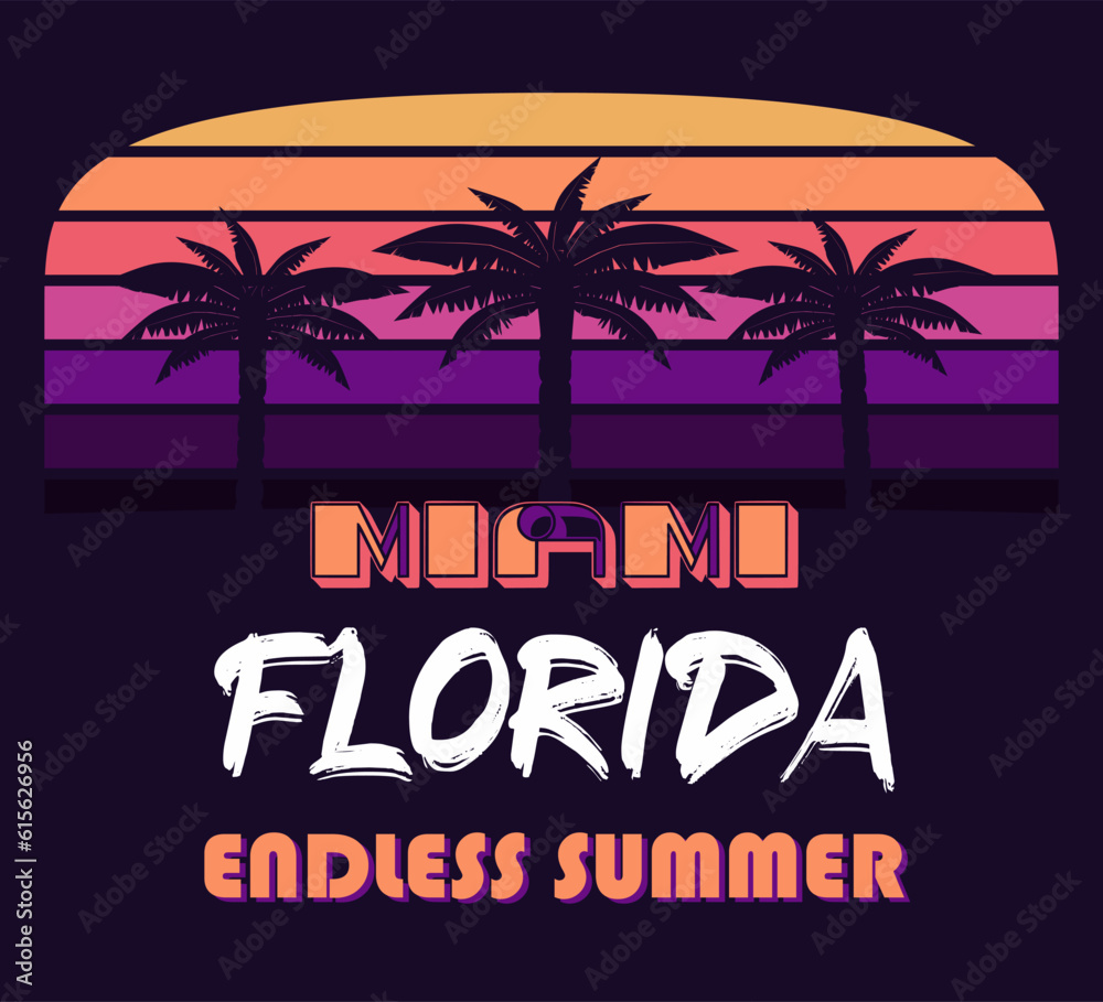 Miami Florida Graphic for T-Shirt, prints. Vintage 90s style emblem. Retro summer travel scene, . Surfing Adventure Label.