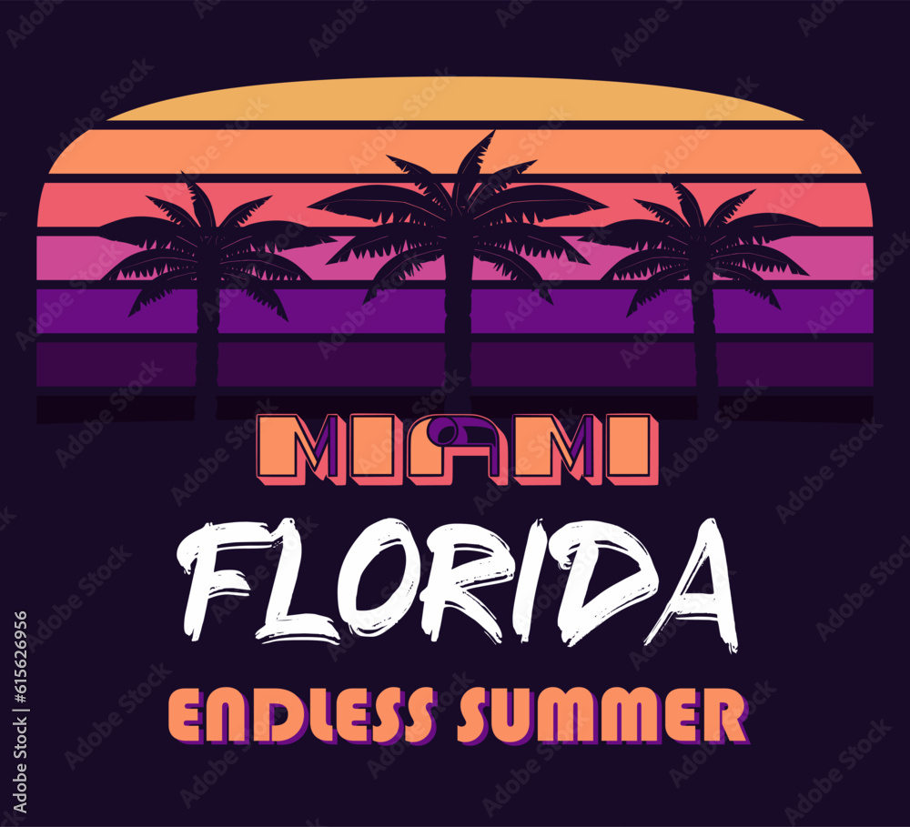 Fototapeta premium Miami Florida Graphic for T-Shirt, prints. Vintage 90s style emblem. Retro summer travel scene, . Surfing Adventure Label.