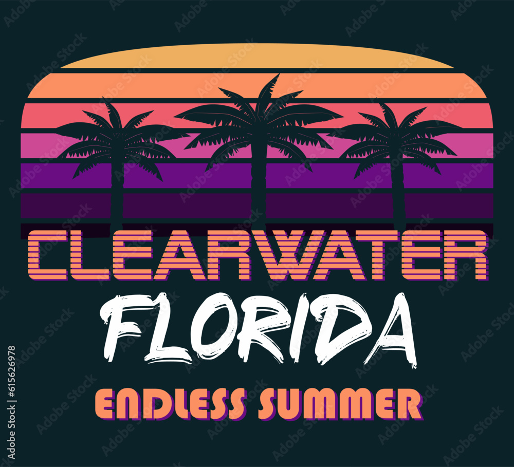 Clearwater Florida Graphic for T-Shirt, prints. Vintage 90s style emblem. Retro summer travel scene,  Adventure Label. Stock vector.