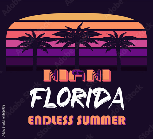 Miami Florida Graphic for T-Shirt, prints. Vintage 90s style emblem. Retro summer travel scene, . Surfing Adventure Label.