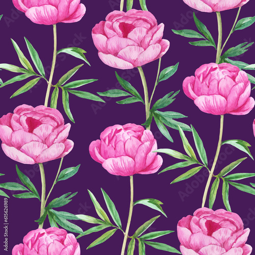 Fototapeta Naklejka Na Ścianę i Meble -  Seamless pattern with realistic peony flowers. Watercolor botanical illustration, colorful print for design.