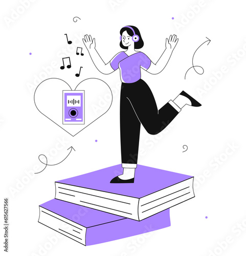 Woman with audio books line concept