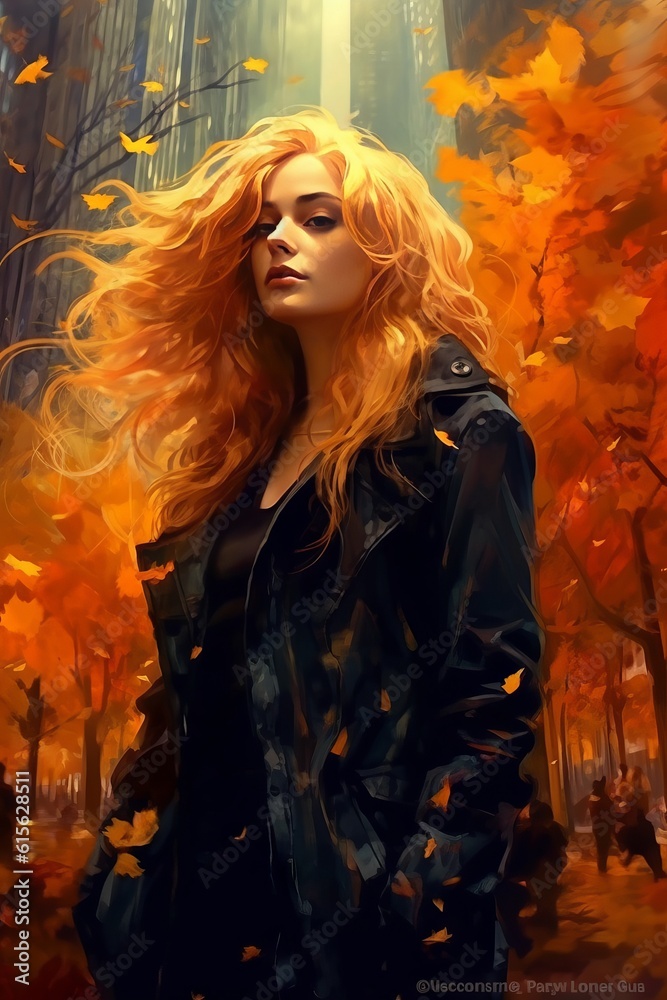 A beautiful woman in the city in autumn with leaves swirling around her. 