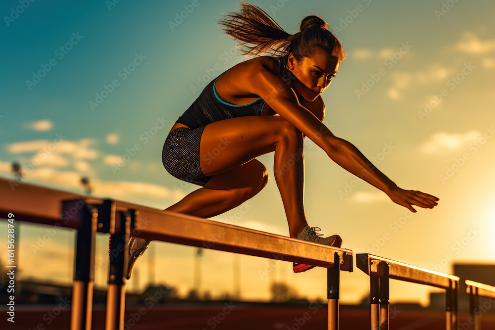 Young woman jumping over obstacles on an athletics track, Generative AI - obrazy, fototapety, plakaty 