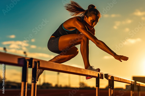Fototapeta Naklejka Na Ścianę i Meble -  Young woman jumping over obstacles on an athletics track, Generative AI