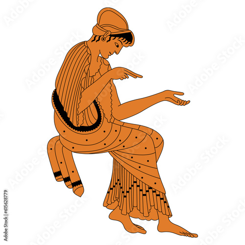 Sitting ancient Greek woman. Vase painting style. Isolated vector illustration.