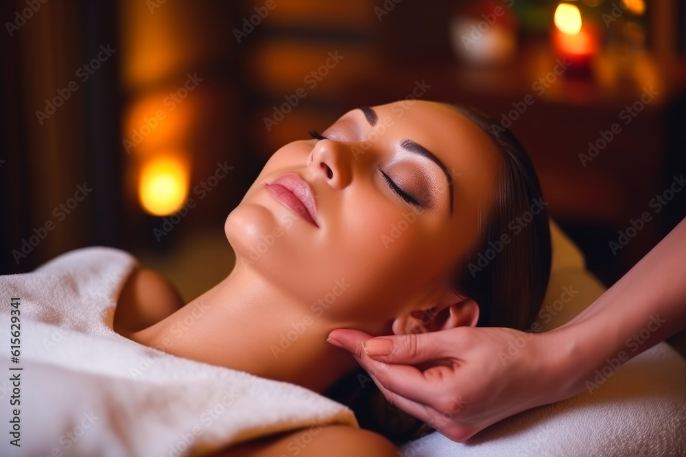 Young beautiful girl having face massage relaxing in spa salon. Generative ai Young beautiful girl having face massage relaxing in spa salon. Generative ai