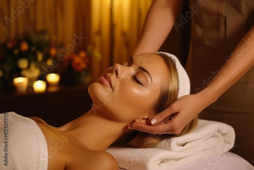 Young beautiful girl having face massage relaxing in spa salon. Generative ai