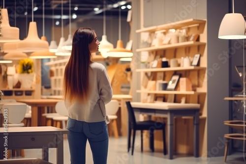 Young woman examining furniture for sale at modern furnishing store  copy space. Real estate  consumerism concept  generative ai