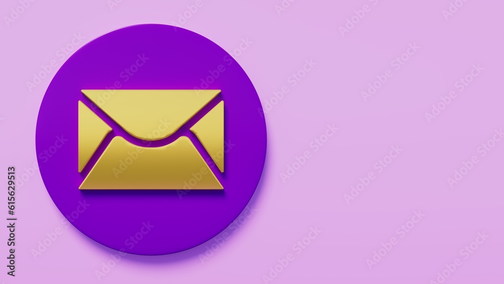 Email icon gold color in purple circle, communications theme, 3d illustration Email icon gold color in purple circle, communications theme, 3d illustration