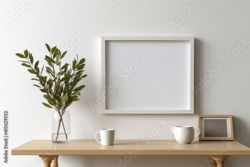 White Inspiring Home Office: Empty (mockup)  Wooden Picture Frame Mockup and Cozy Scandinavian Design © Rodrigo