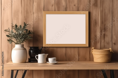 Inspiring Home Office: Empty (mockup) Wooden Picture Frame Mockup and Cozy Scandinavian Design wood background