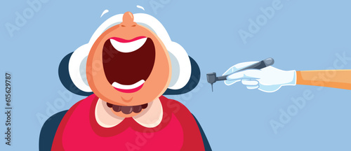 Elderly Patient Opening her Mouth in a Dental Cabinet Vector Illustration. Pensioner lady with oral problems going to a dental office 
