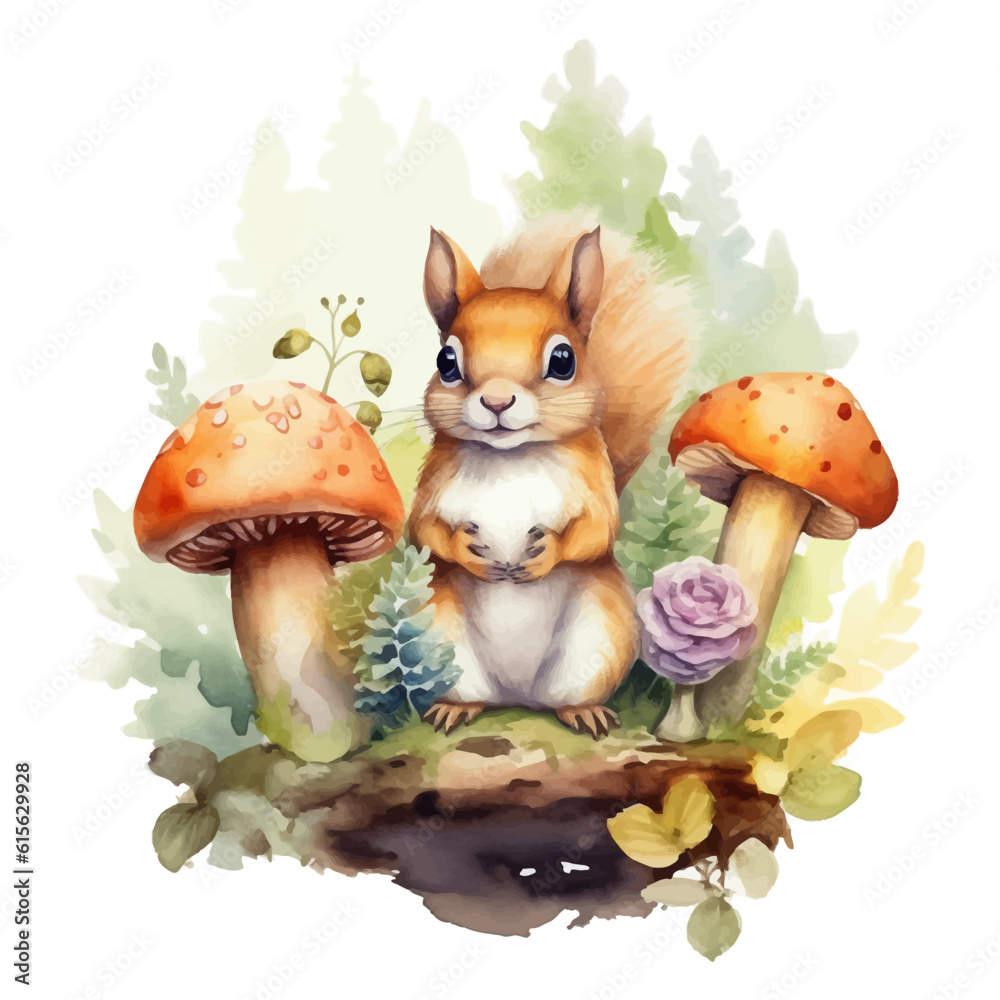 Fototapeta premium Cute squirrel cartoon in watercolor painting style