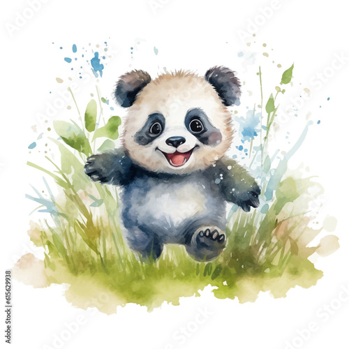 Cute baby panda cartoon in watercolor painting style © Fauziah